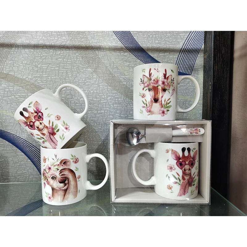 Latest Design Cute Cartoon Deer Decal Coffee Gift Mug Color Box