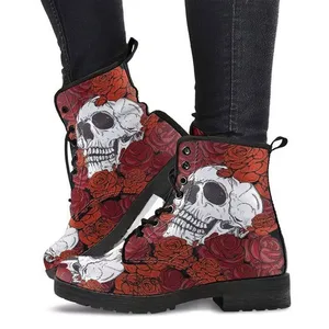 Autumn Winter Womens High Top Short Boots Square Heel Printed Design Lace-Up Style Trendy Option for Christmas Parties