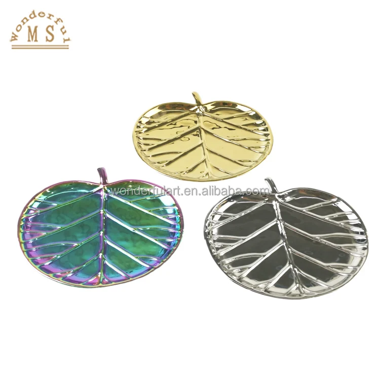 Oem Tree leaves dish Shape Holders 3d Style tray Kitchenware Ceramic porcelain golden silver water glazed plate dish Tableware