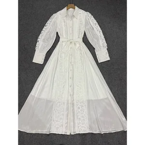 AELESEEN Spring Summer Midi Dress Women Designer Fashion Long Sleeve Hollow Out Patchwork Pleated Casual Female