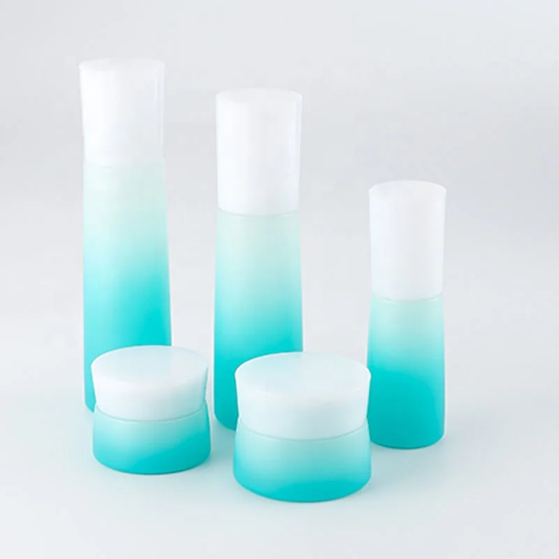 Cosmetic glass bottle set -- skincare cosmetic bottle packaging container manufacturer--gradient ramp with pump&spray&screw cap