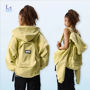 Huili Unisex New Trending Cotton Y2k Vintage Oversize Drop Shoulder Zip up Hoodie Jacket Custom logo Print Women Backpack Hoodie