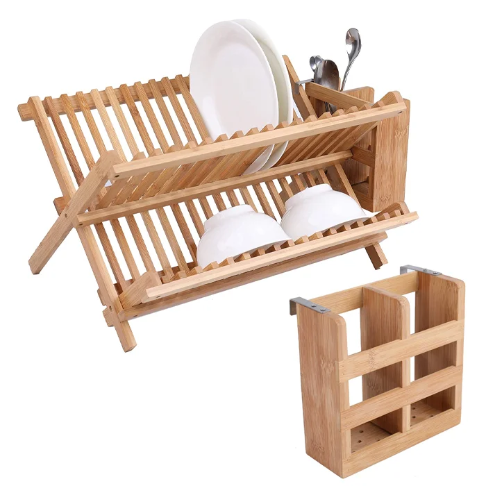 Folding Bamboo Dish Drying Rack - Wooden Kitchen Dish Rack Plate Holder