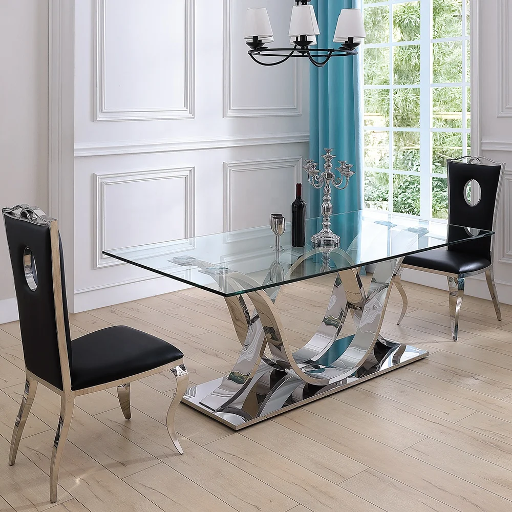 Counter Height Dining Room Set Mermaid Bend Glass Table Meja Makan  Stainless Steel Dining Room Sets