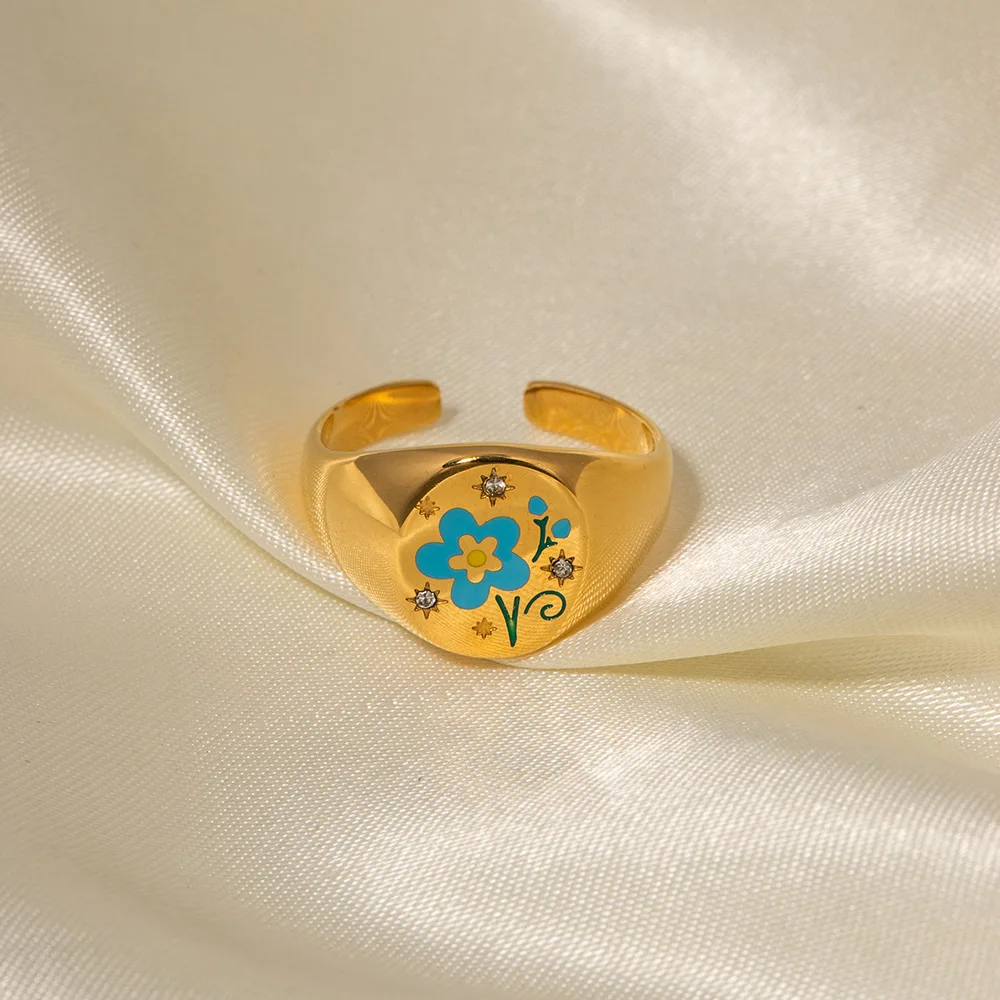Waterproof 18k Gold Plated Stainless Steel Flower Rings Jewelry Gift