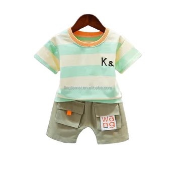 Summer cotton striped round neck casual boy short sleeved set baby clothing set