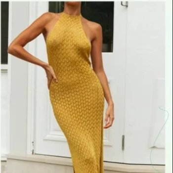 2024 Boho Ladies Halter Neck Knit Cami Maxi Dresses Hollow Out Backless Slit  Beach Dress Women Summer Beach Maxi Dresses