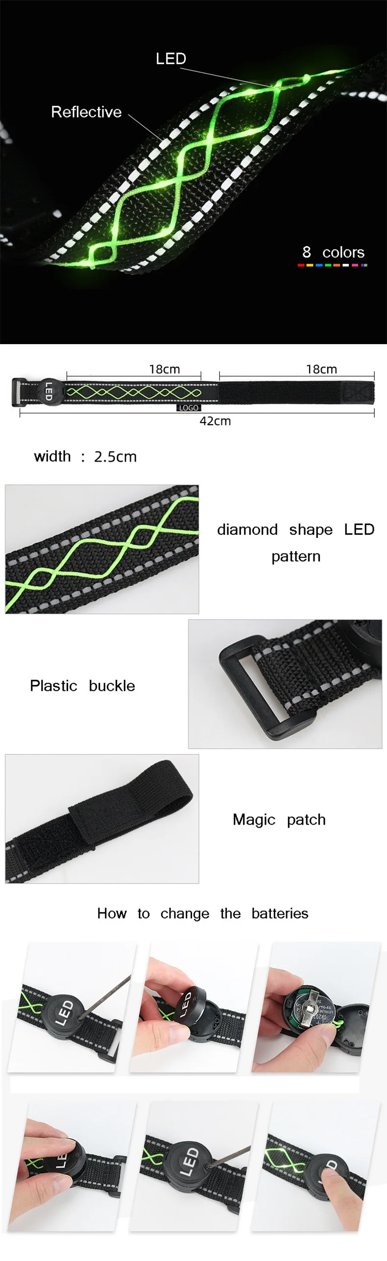 Outdoor running concert gift batteries replaceable PU super bright optical fiber guide bar flat LED luminous hand band wristband