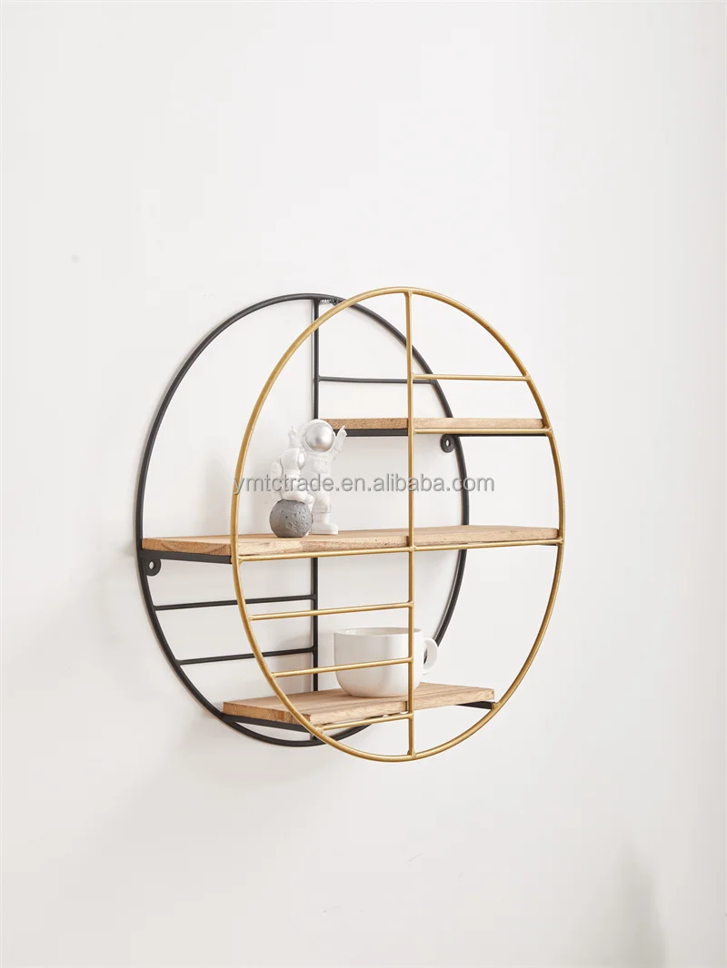 Black Metal Circle Round Wall Unit With Wooden Shelves Industrial Style