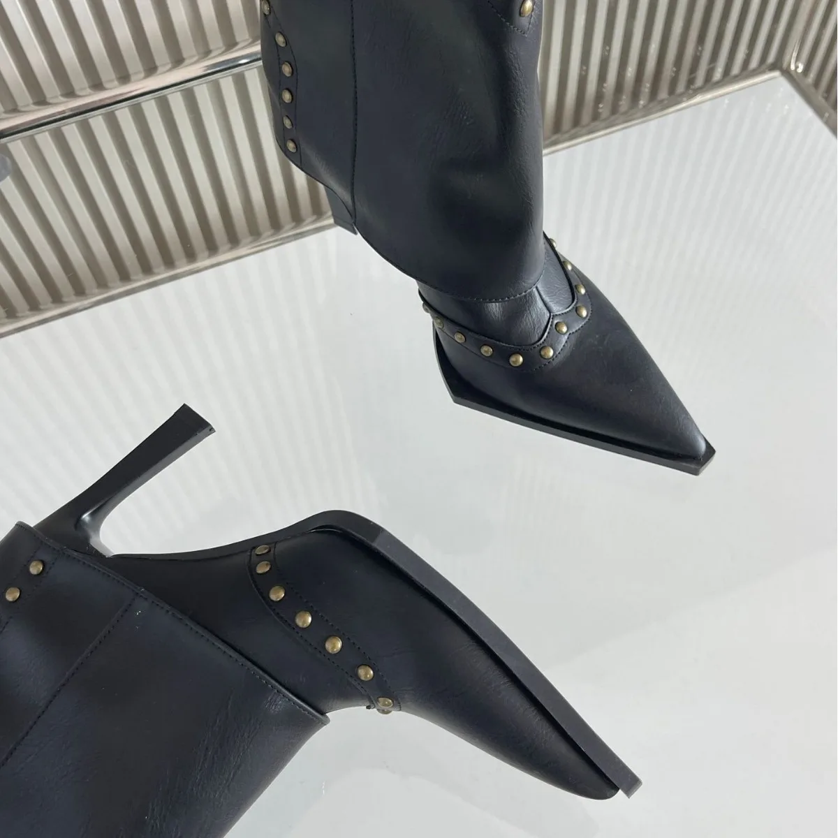 New Style Ladies Classy Ankle Boots Pointed Toe Studs Rivet Cowgirl Wider Calf Black Women High Heel Boots - Image 4