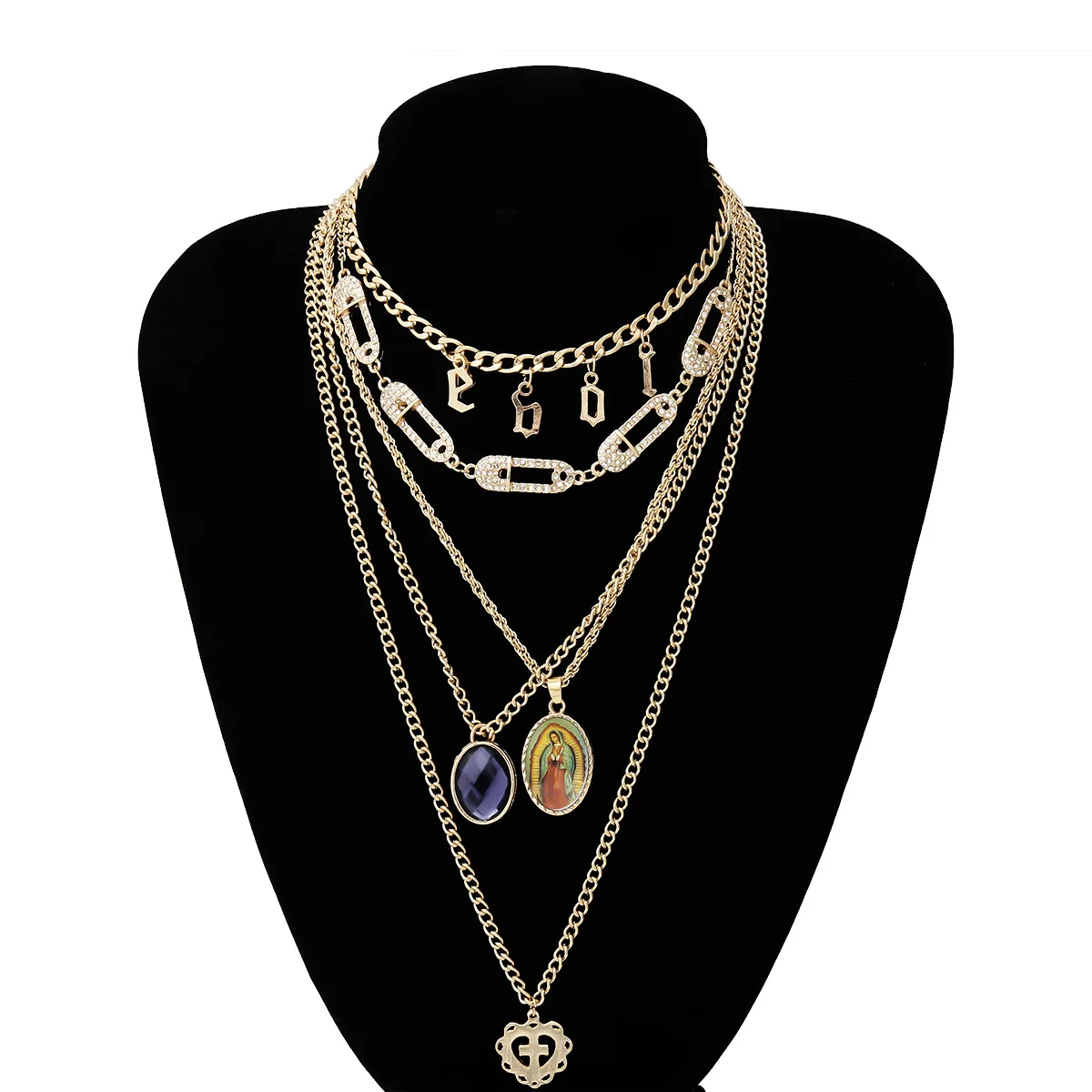 New Ins Trend Multi Layer Gold Necklace Set Hot Pin Diamond Clavicle Chain love Cross Virgin Mary Pendant Gem Necklace Jewelry