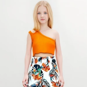 OEM ODM OBM Girls Casual Clothing Sets 2 Piece Orange Printed Top Floral Style for 8 to 9 Years Old in Spring