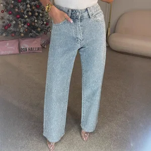 Boutique Wholesale 2026 Summer New Fashionable High Waist Slimming Straight Leg Washed Diamond Studded Women's Jeans