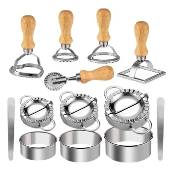 New Arrivals 13 Pieces Manual Ravioli Stamp Maker Metal Cookie Cutters With Wooden Handle And Stainless Steel Dumplings Mold Set