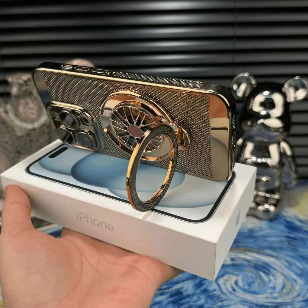 Luxury Stand & Anti-Fall Hard Case for iPhone with Gyro Rotating Grip Mobile Phone Cover Shell Featuring Electroplate Craft