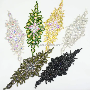 PE001 Factory colorful iron on rhinestone sash appliques stock patch crystal flower hot fix