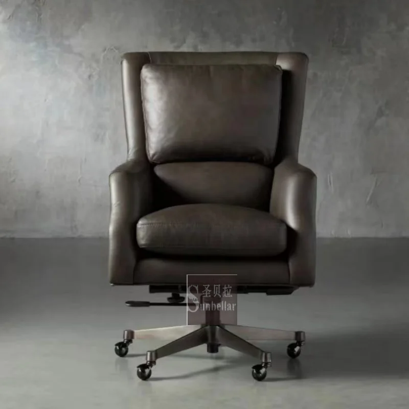 Retro Vintage Dark Genuine Leather Desk Chair Swivel Executive Leather Chair Home Office Furniture boss Chair - Image 5