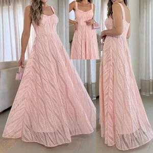 China Wholesale Custom Fashion Ruffle Sleeve Casual Summer Pink Women Elegant Maxi Dress
