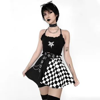Fashion Patchwork Black And White Short Skirt Gothic Punk Plaid Skater Skirt Micro Mini Skirt Women