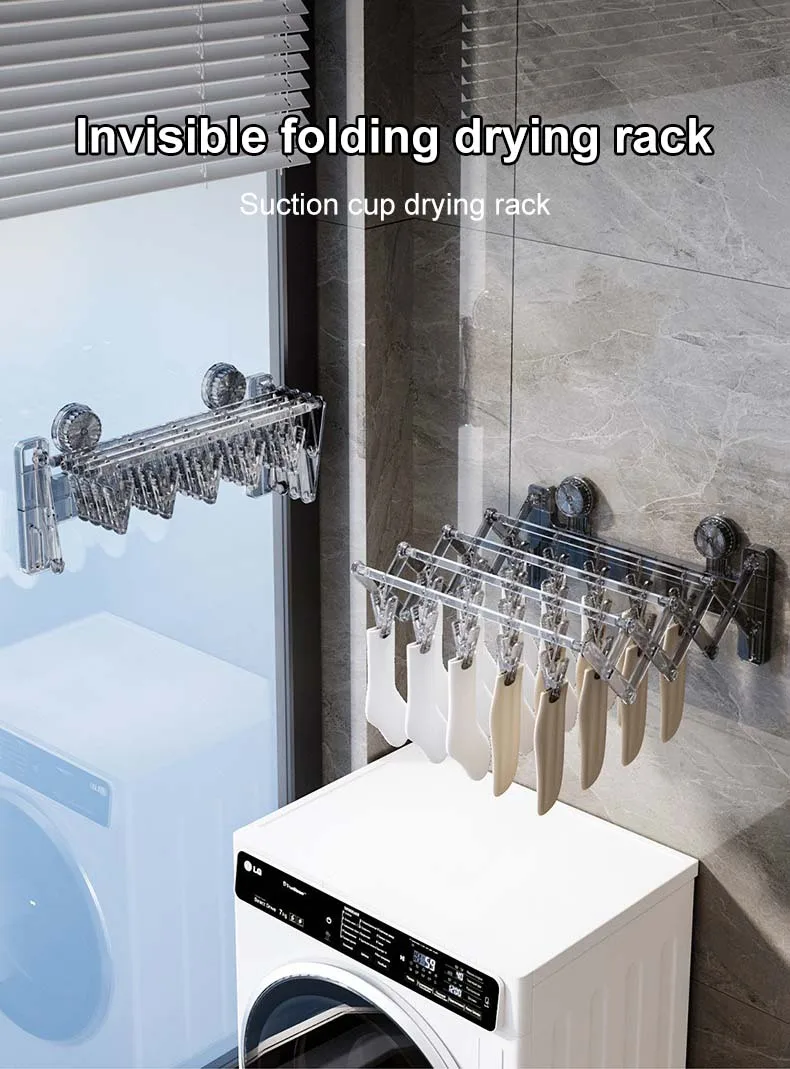 Household Drying Rack with Suction Cup Non-Punch Balcony Folding Hanger Storage Rack for Clothes & Socks Wall Use