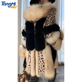 TMW luxury brown women long mink fur splicing pelliccia donna ladies fur jacket patchwork real fox fur coat with hooded