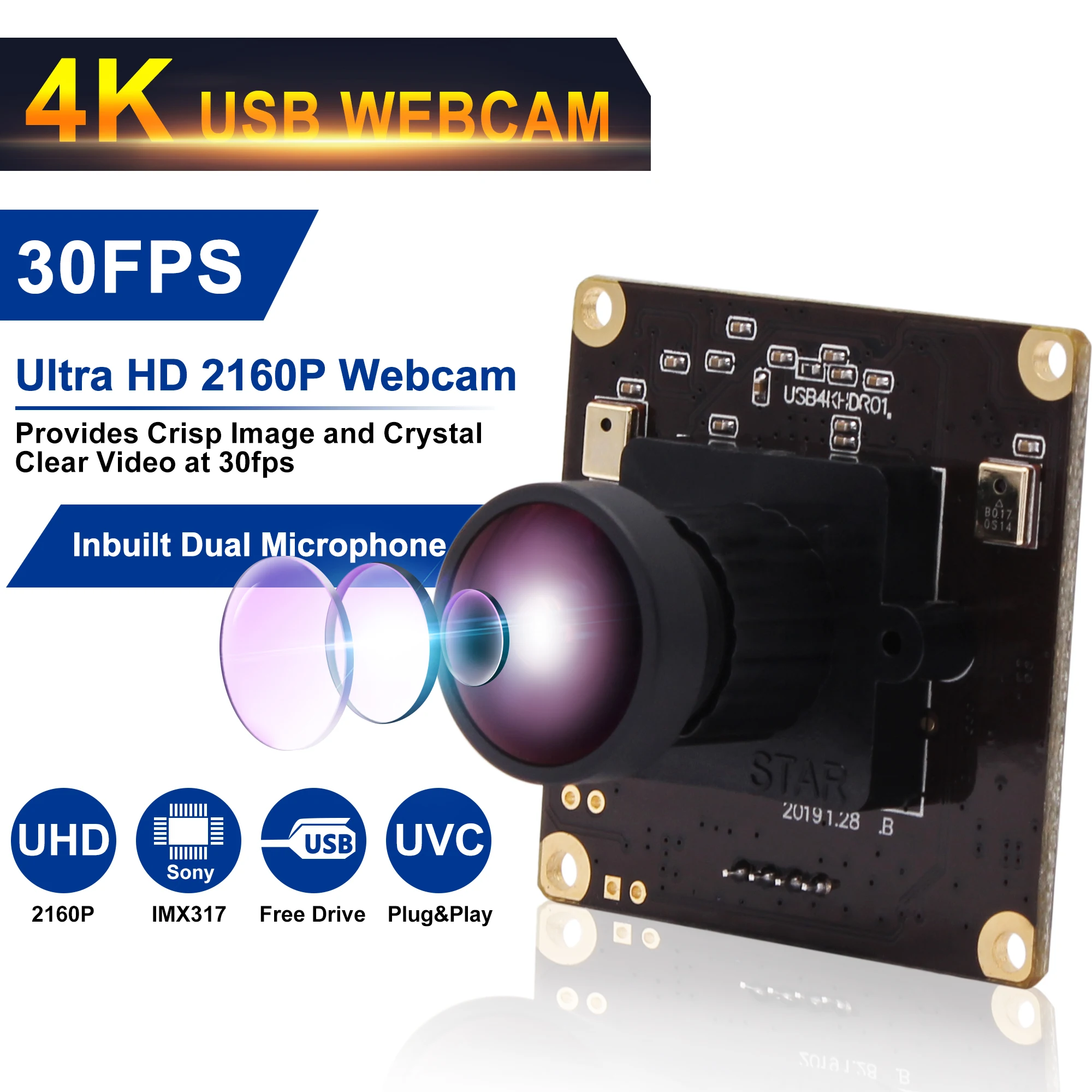 ELP Modul Kamera USB 4K Sudut Lebar, dengan Lensa Mata Ikan 170 Derajat  Resolusi Tinggi 3840*2160 Full HD 30fps Kamera Web ELP