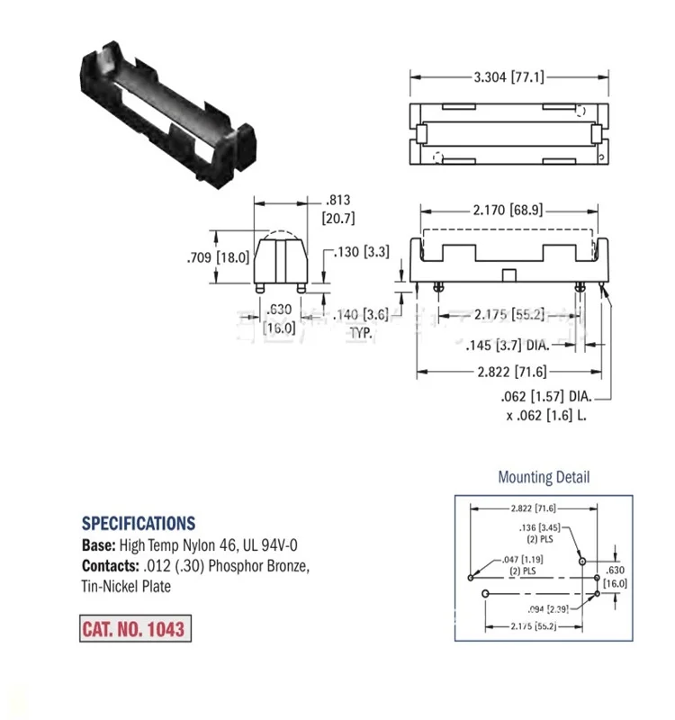 Equivalent of Keystone 1043 THM Nylon 18650 Single Cell Battery Holder case Box with PC Pins for 18650 Battery