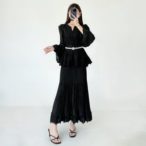 Miyake 2025 Autumn New Women's Sets Pleated V-Neck Suit with Ruffled Foreign Style Long Sleeves Temperament Two-Piece Suit