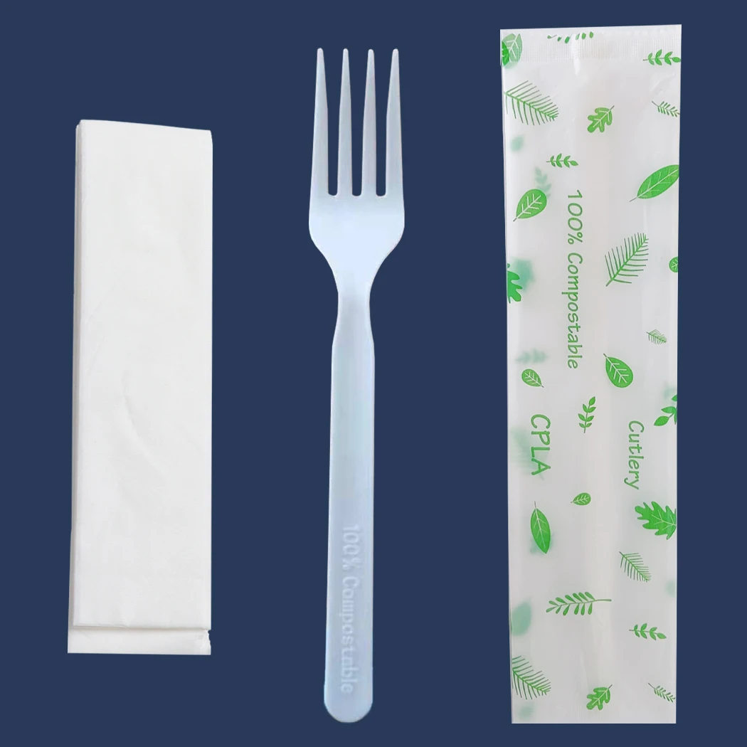 GreenWorks Wholesale Customized Wrapped Individually Compostable Plastic CPLA Forks with Biobag Printing Sets NAPKIN