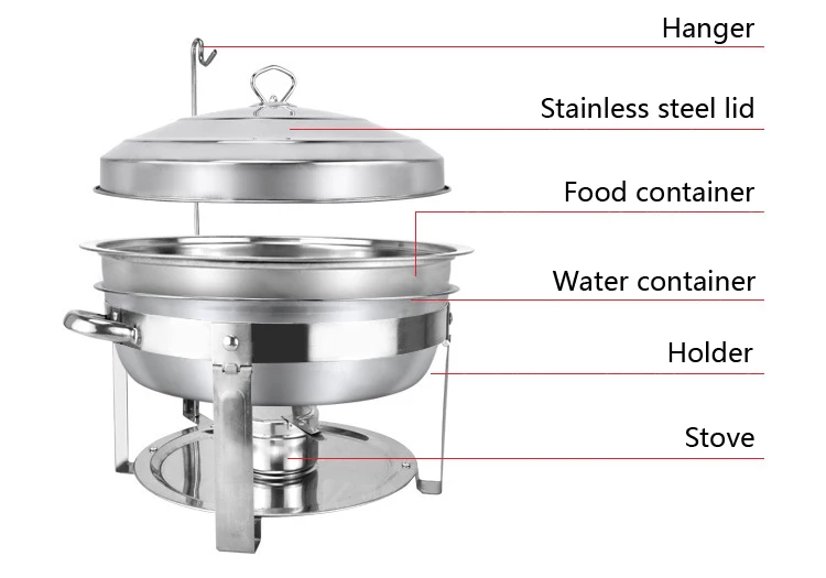 Hotel Chafer Dish Buffet Set Stainless Steel Food Warmer Buffet Stoves Stainless Steel Round Chafing Dishes With Lid_14