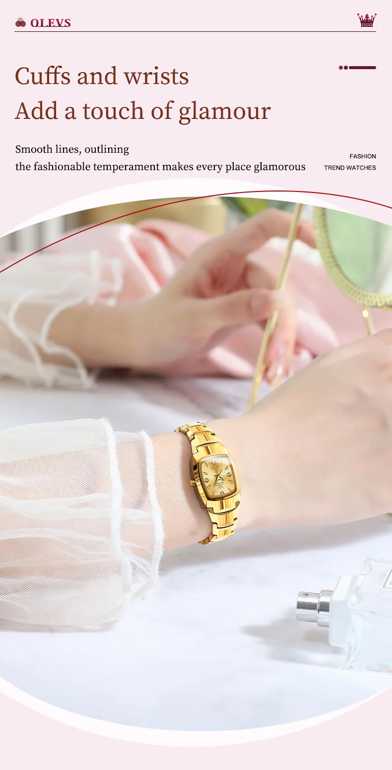 OLEVS 7006 Japan Quartz Movement Water Resistant 3ATM Women Watch Square Shape Dial Gold Tungsten Steel Bracelet Ladies Watches