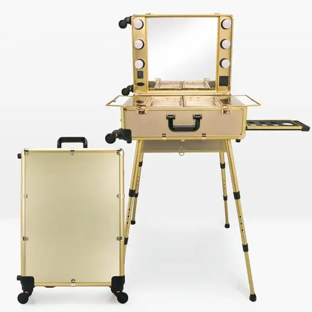 Gold travel barber case with bluetooth sit down barber trolley case black barber case with mirrors