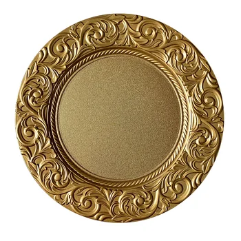 Antique Gold Embossed Charger Plate Wedding Christmas Party Hot Style 13'' Round Plastic Dinner Charger Under Plate