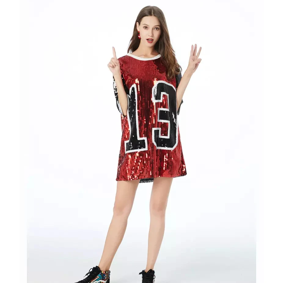 Custom Sparkling Sequin Dress Beaded Basketball Jersey Women Casual Hip Hop T Shirt Dresses