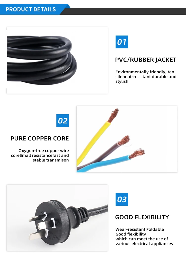 Hot Selling  1m 1.5m 1.8m 2m AU Standard 3 Pin Prong Plug IEC320 C13 Connector Cable Australian AC Power Cord manufacture