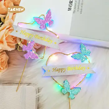 YACHEN New Design Led Cake Toppers 3D Metal Glowing Star Heart Happy Birthday Cake Toppers for Birthday Party Decorations