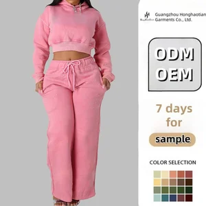 ODM High Quality Heavyweight Pink Cotton Fleece Rhinestone Hoodie Set Custom Oversized Cropped Hoodie & Sweatpants Set for Women