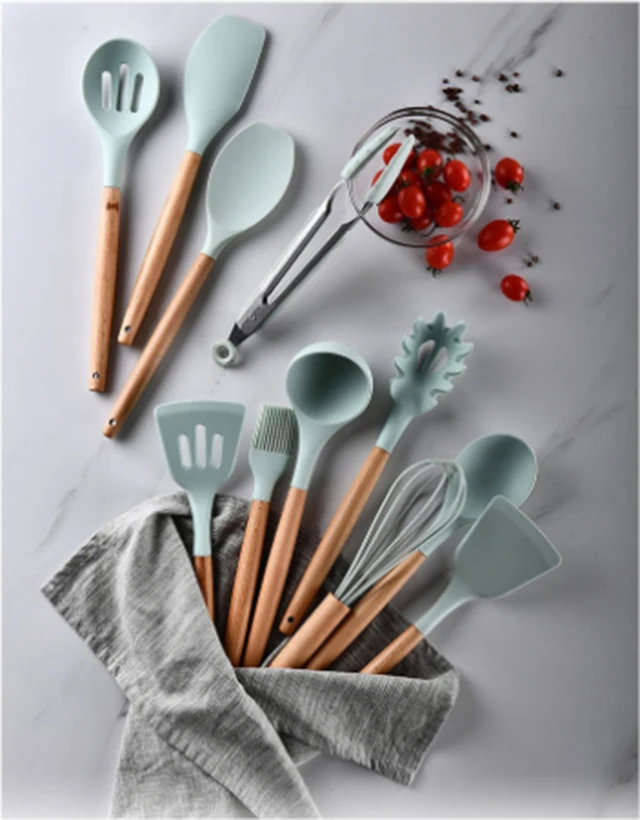 Silicone Kitchen Utensils Set - 11 Pcs BPA Free Cookware with Wooden Handle and Holder