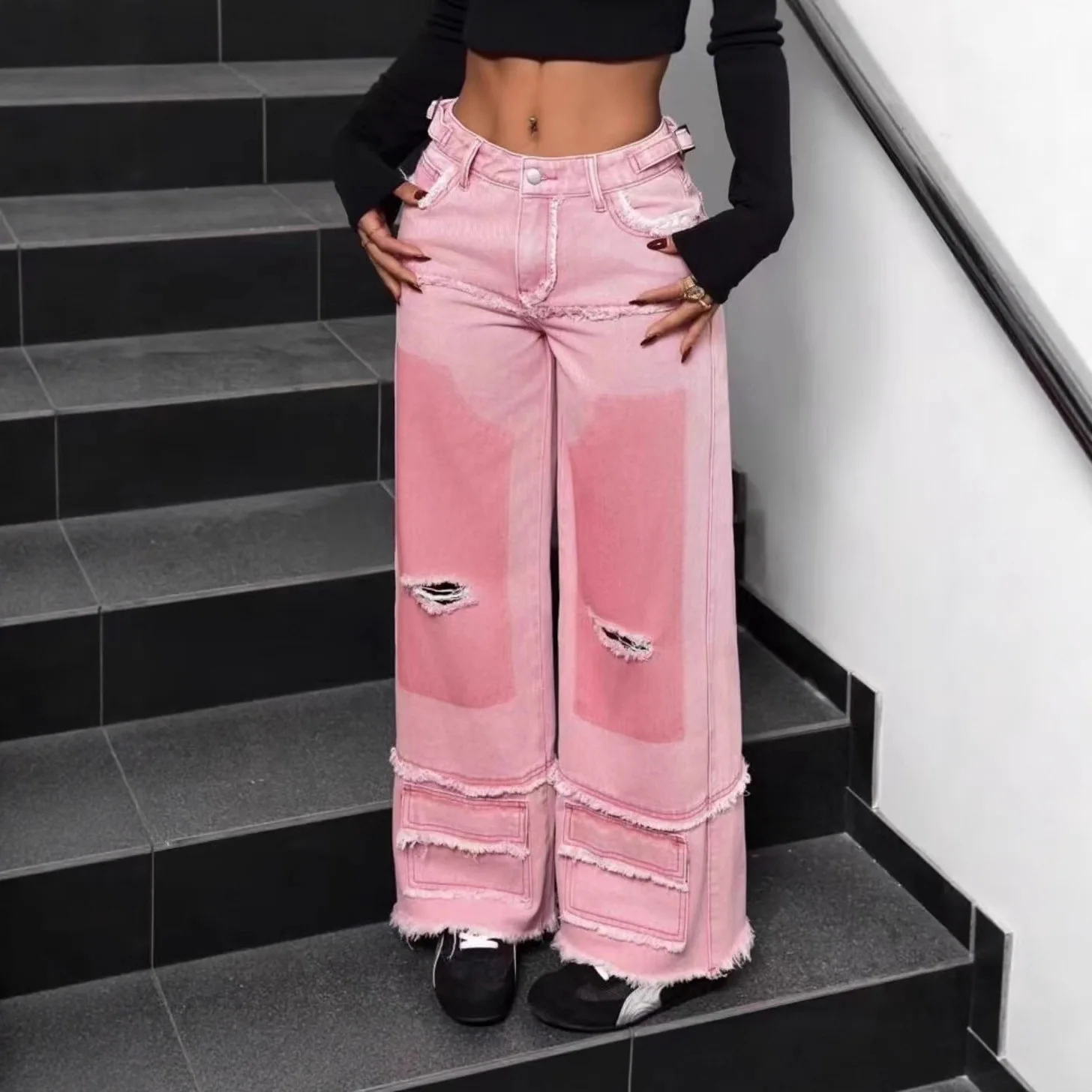 American Style High Street Fashionable Ripped Personality Solid Color Vintage Boot Cut Pants