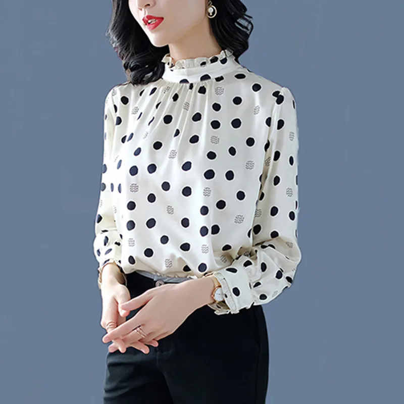 Spring and Autumn New Fashion women Polka Dots printing chiffon Shirt  Epaulet Long sleev…