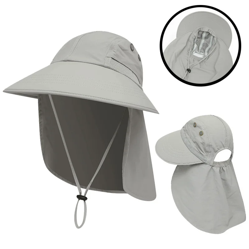 Sun UV Protection Outdoor Hunting Hiking Fishing Fast Dry Cap Wide Brim Windproof Bucket Hat With Neck Flap Adjustable String