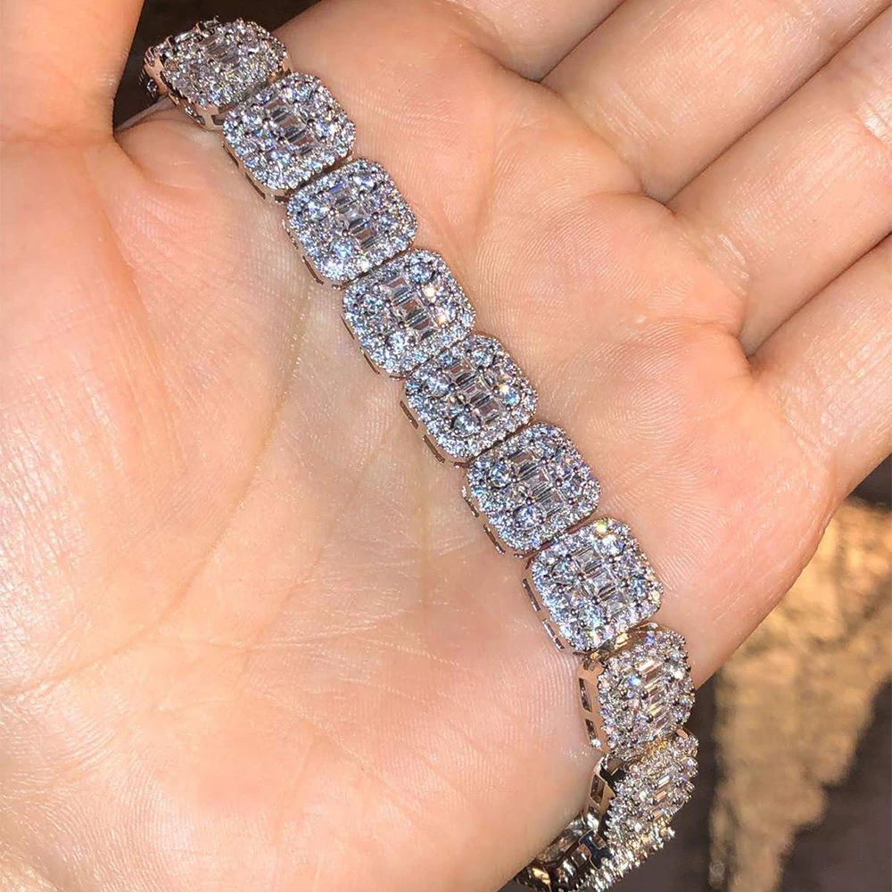 Best Quality Hip Hop Jewelry 10mm Micro Paved Cubic Zircon Baguette Diamond Tennis Chain Bracelet