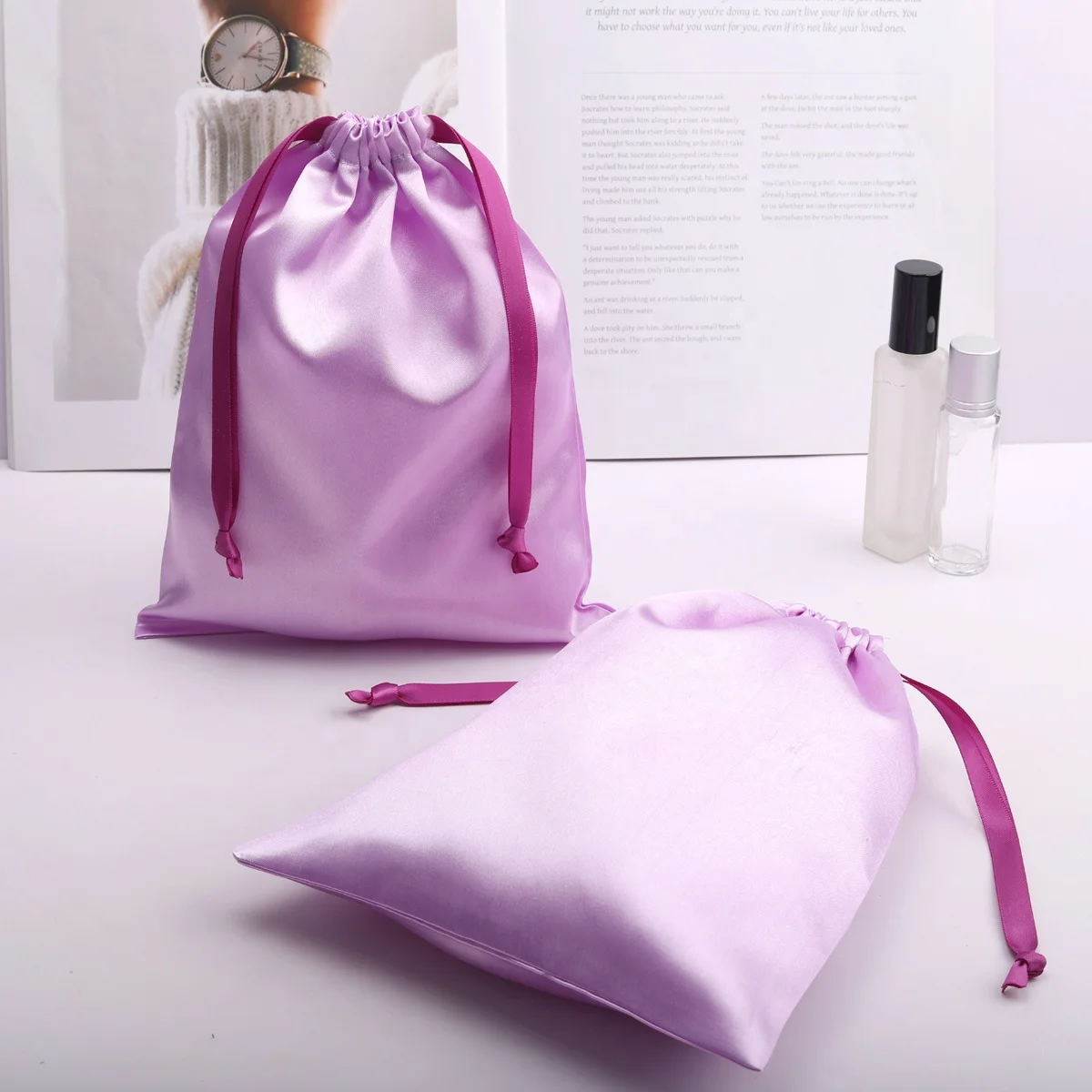 Custom Logo Printed Pink Satin Drawstring Hair Extension Packing Bag  Reusable Swimwear Storage Silk Pouch