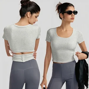 Women's Gym Fitness Top High Elastic Active Wear Yoga Wrap Shirt Comfortable Sports Running Clothing Front Print DWY115009