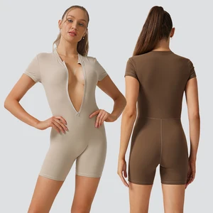 ODM OEM Women Shorts Sleeves One Piece Yoga Bodysuits Active Fitness Sport Wear Romper With Zipper Tight Slim Fit Workout Romper