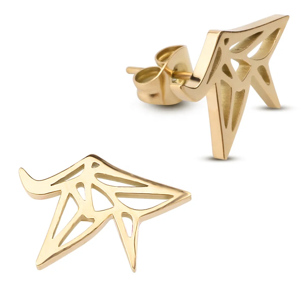 18K Gold Plated Ear Accessories Stainless Steel Earrings Party WOMEN’S Wedding Geometric Origami Crane Earring Stud Jewelry Gift