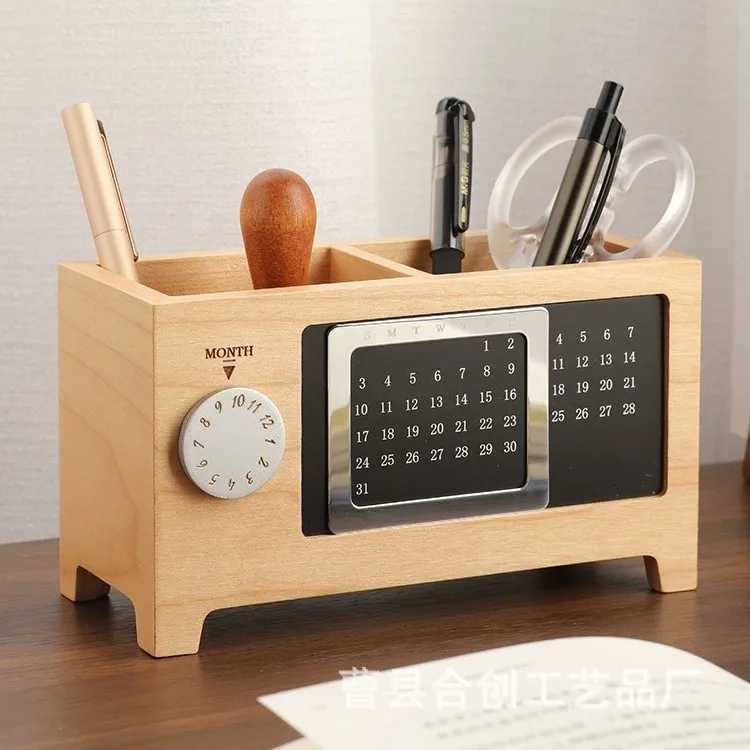 Multi-Function Calender 2 Compartment Dest Caddy Pen Storage Maple Pine Natural Wood Desktop Organizer Pen Holder