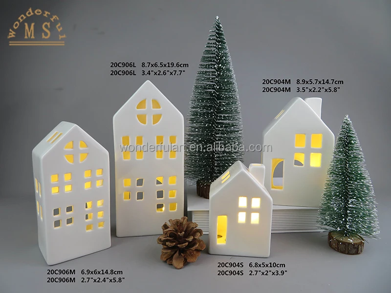 Porcelain Christmas Ornament White House Led Light Holder Tea Light Candle Holder for Home Decoration Festival Gift