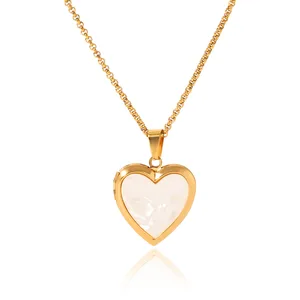 MW French Style White Shell Heart-Shaped Photo Box Pendant Necklace with 18K Gold Plated Stainless Steel Link Chain