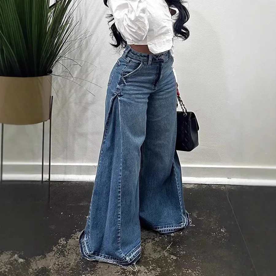 European American Denim Wide-Leg Y2K Blue Washed Patchwork Flared Loose Floor-Length Tassel Jeans Spring